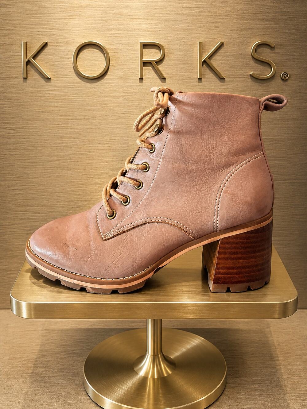 KORKS Erica Lace-Up Boot Taupe Block Heel Lug Sole Women’s 6M